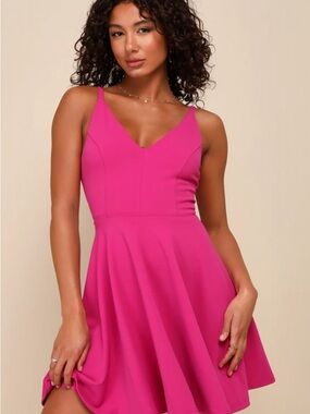 Lulu's Hot Pink V-Neck Fit & Flare Mini Dress